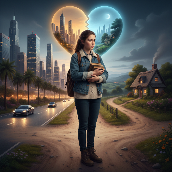 Uma jovem estudante em uma encruzilhada, dividida entre o luxo de um pai e as dificuldades da mãe, segurando livros e com expressão ansiosa.