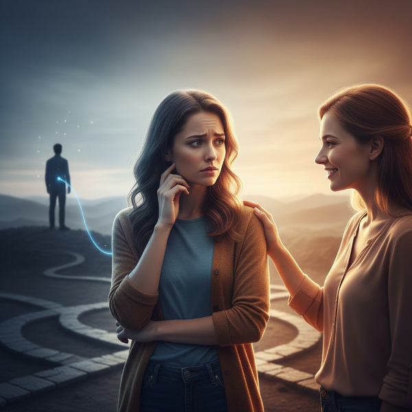 Uma jovem mulher em um quarto, olhando pensativamente para duas portas que simbolizam diferentes caminhos emocionais, com expressão de conflito interno.