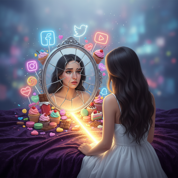 Uma jovem observa seu reflexo em um espelho quebrado, cercada por ícones de redes sociais e doces, enquanto um caminho de luz começa a surgir dos fragmentos.