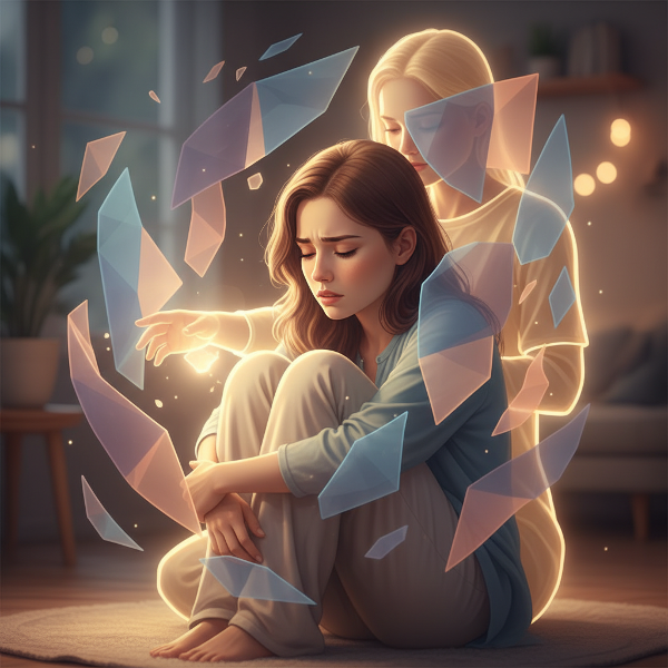 Uma jovem mulher reflete sobre ansiedade íntima, com barreiras abstratas e a presença reconfortante do parceiro, em uma atmosfera suave que representa proteção emocional e desejo de conexão.