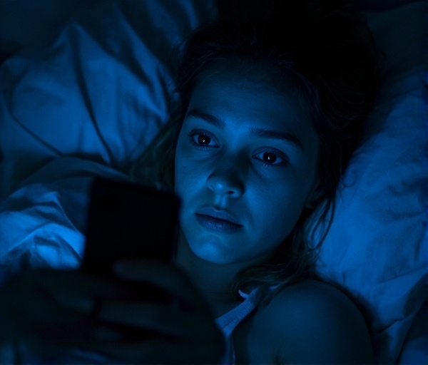 Ilustração de uma mulher jovem deitada na cama à noite, olhando para o celular com expressão ansiosa. A luz azul da tela ilumina seu rosto, enquanto o ambiente ao redor é escuro e solitário, refletindo o uso excessivo de aplicativos de namoro como fuga da solidão.