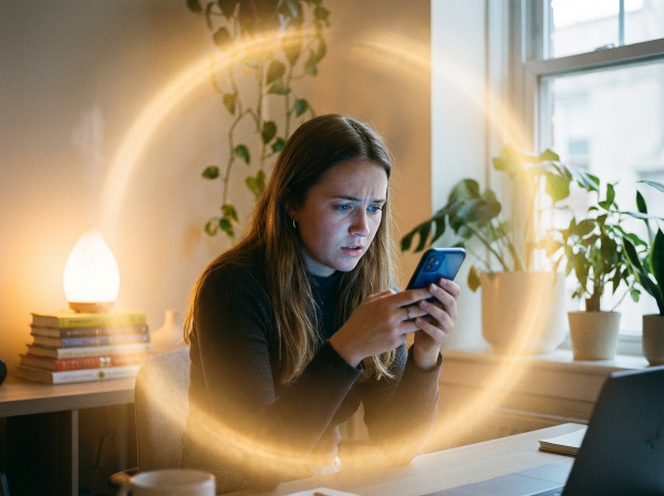 Uma profissional em seu ambiente de trabalho, dividida entre a distração do celular e a intenção de focar, com elementos visuais que representam a luta interna e a busca por equilíbrio.