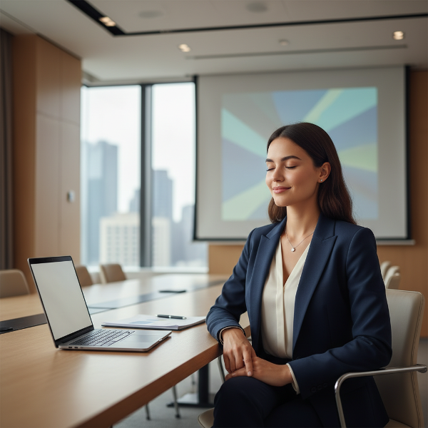 Uma jovem mulher em um ambiente de trabalho, realizando exercícios de respiração profunda para acalmar a ansiedade antes de uma apresentação importante.