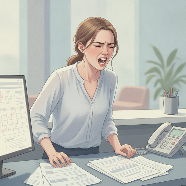 Ilustração de uma jovem recepcionista em um balcão de clínica, com expressão de frustração, tentando se acalmar respirando fundo.