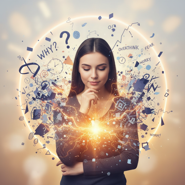 Uma jovem mulher em reflexão, com símbolos abstratos de confusão e ansiedade ao redor, enquanto uma luz suave de autodescoberta emana de seu interior.