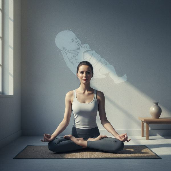 Uma jovem praticando ioga com expressão introspectiva, enquanto uma imagem sutil de um bebê aparece ao fundo, simbolizando sentimentos complexos e não resolvidos.