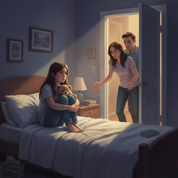 O fetiță anxioasă în camera ei, cu părinții care îi oferă sprijin, ilustrând tulburarea după un conflict familial.
