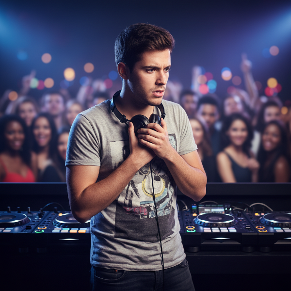 Un DJ tânăr la un eveniment mic, privind anxios în timp ce ține căști, cu publicul estompat în fundal. El pare ezitant, simbolizând sindromul impostorului și teama de judecată în interacțiunile profesionale.