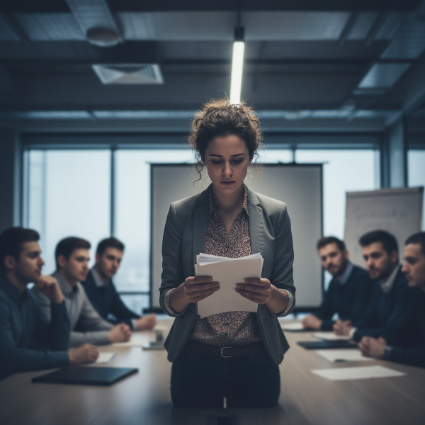 O femeie tânără, designer grafic, exersează o prezentare într-un birou corporatist, cu o expresie îngrijorată și note tremurânde în mână, în timp ce figuri masculine neclare o înconjoară.