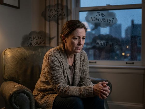 O psihologă în vârstă de 50 de ani, cu o expresie îngrijorată, stând singură seara în casă, înconjurată de gânduri anxioase reprezentate vizual.