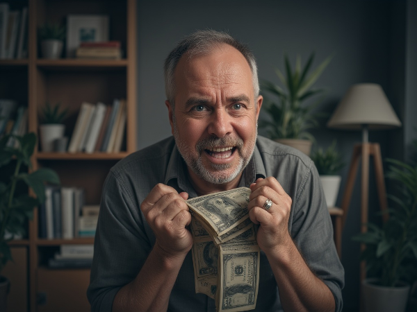 Un bărbat de 55 de ani, cu o expresie gânditoare și ușor îngrijorată, stând lângă o fereastră cu lumina blândă a amurgului, simbolizând căutarea liniștii și a înțelegerii interioare în fața provocărilor financiare și a anxietății.