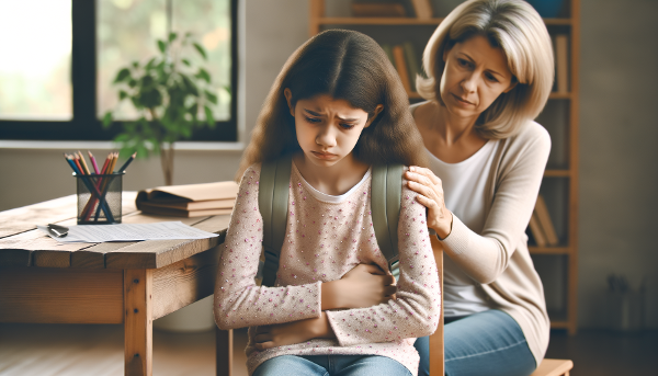 O fată anxioasă în fața unui birou școlar, cu o mamă alături, într-un cadru liniștitor care transmite sprijin și înțelegere.