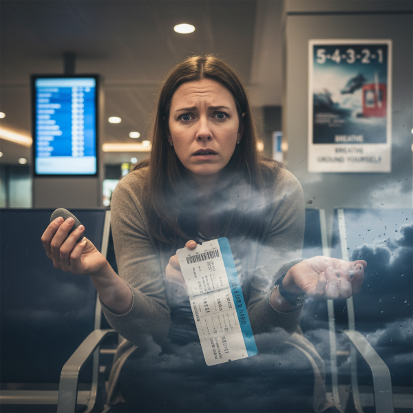 O femeie cu anxietate într-un aeroport, cu o imagine fantomatică a unui avion în turbulențe, în timp ce încercă să se ancoreze în prezent.