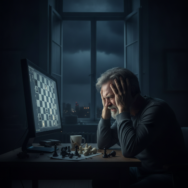 Un bărbat de vârstă mijlocie, vizibil iritat, stă la birou în fața unui computer cu o tablă de șah, în timp ce își frământă mâinile, reflectând tensiunea emoțională cauzată de pierderea la joc.