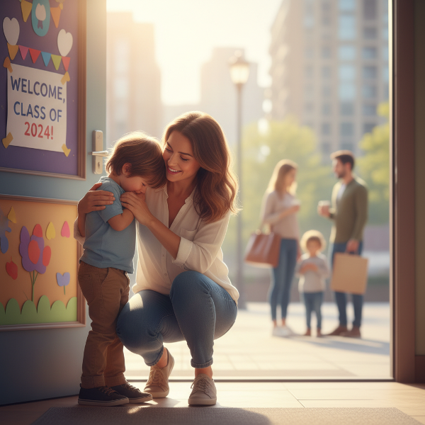 O imagine care ilustrează anxietatea de separare a unui copil mic și momentul de conexiune cu un părinte calm și prezent, într-un cadru modern.