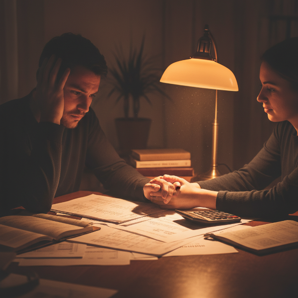 O imagine care ilustrează un cuplu într-un moment de stres financiar, dar care păstrează o conexiune emoțională subtilă printr-o atingere, simbolizând lupta și speranța în relație.