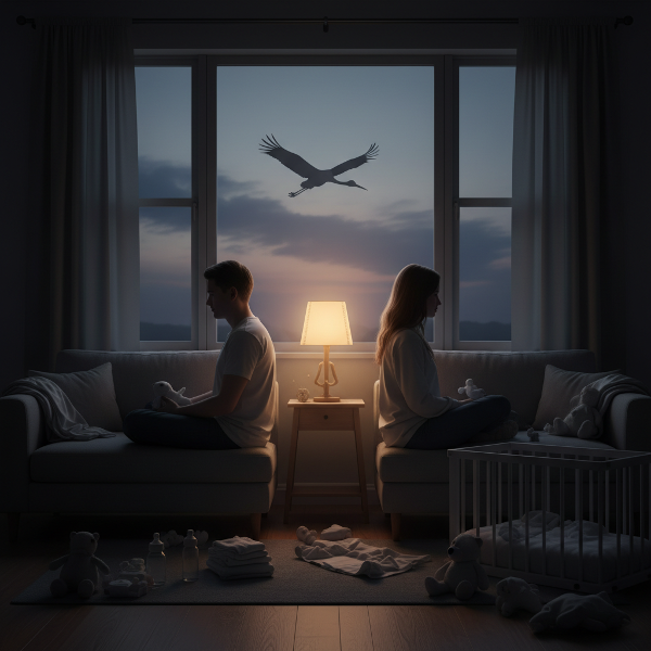 Un cuplu detașat într-un living luminat slab, cu jucării pentru copii, ilustrând conexiunea pierdută după nașterea prin mamă surogat.