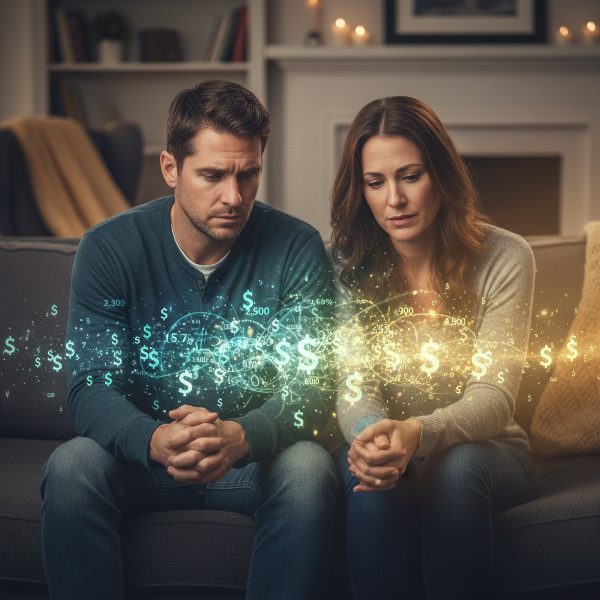 Un cuplu tânăr, alături pe un canapeu, încercând să se reconecteze emoțional în timp ce simboluri ale stresului financiar plutesc în jurul lor, cu o lumină caldă sugerând speranță.