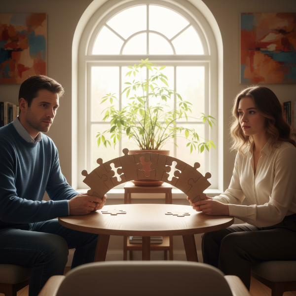 Un cuplu în cabinetul terapeutic, ținându-se de mâini cu ezitare. O punte din piese de puzzle leagă emoțiile lor, simbolizând reconstrucția treptată a încrederii și intimității după o criză.