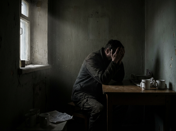 Un bărbat încovoiat, cu capul în mâini, într-o cameră întunecată, ilustrând greutatea și izolarea depresiei.