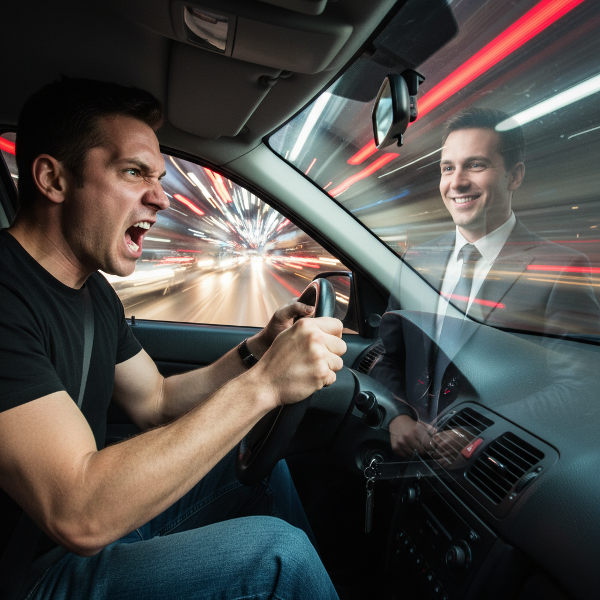 Un șofer furios în mașină, cu o versiune calmă a lui reflectată în parbriz, ilustrând transformarea în trafic.