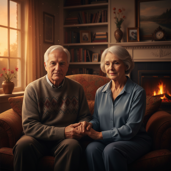 Un cuplu în vârstă stând împreună într-un living liniștit, ținându-se de mână, cu o privire care arată o conexiune profundă dar și distanță emoțională și îngrijorare.