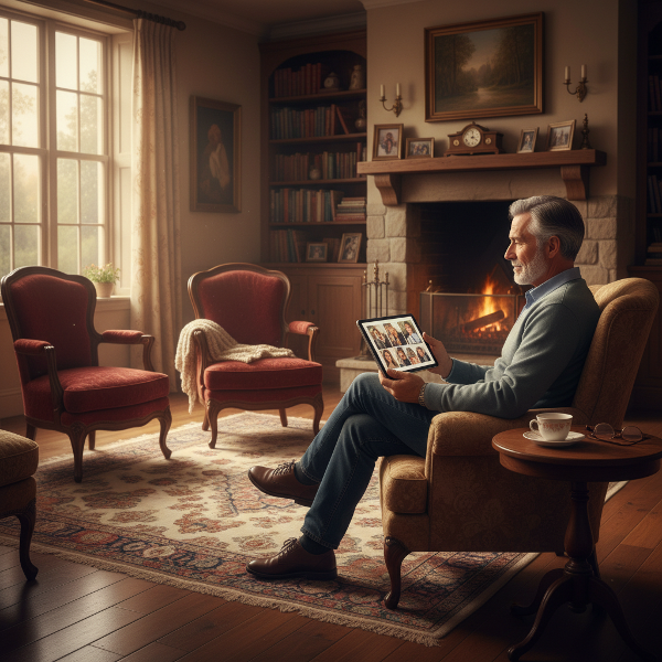 Un bărbat în vârstă, singur în camera sa de zi, privește fotografii de familie pe o tabletă, într-o atmosferă liniștită ce transmite dor și reflecție.