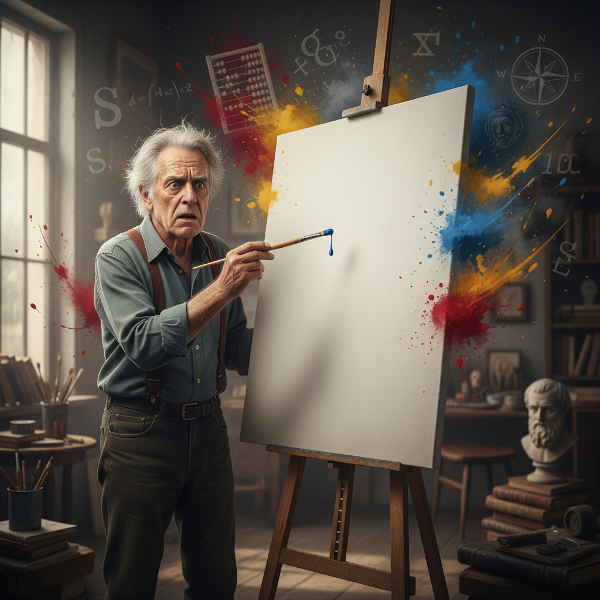 Un bărbat matur, fost profesor, confruntat cu blocaj emoțional în fața unei pânze albe, simbolizând teama de a-și trăi visul artistic.