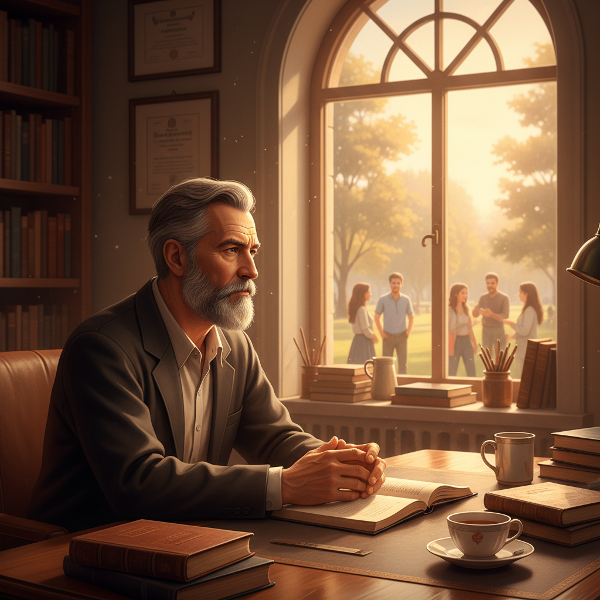 Un psiholog în vârstă reflectând în liniștea casei, privind spre un parc îndepărtat, în căutarea conexiunii autentice.