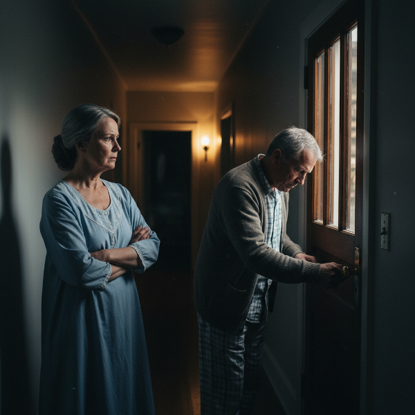 O femeie mature privește cu îngrijorare soțul ei care verifică ritualic ușa de la intrare, într-un coridor casnic luminat slab, ilustrând anxietatea și epuizarea.