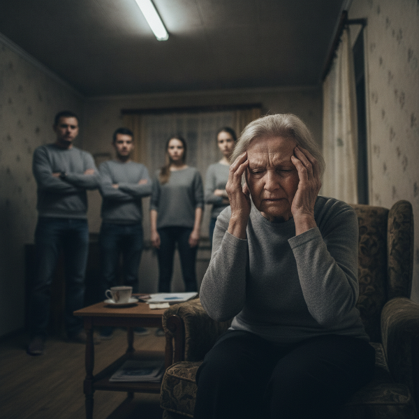 O femeie în vârstă stă într-o cameră mică, cu mâinile la cap, în timp ce membrii familiei discută în fundal, creând o atmosferă tensionată.