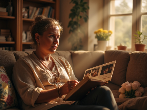 O femeie în vârstă reflectând asupra recăsătoriei și noilor responsabilități într-un mediu cald și familiar, cu simboluri de speranță și creștere personală.