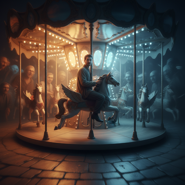 Un bărbat pe un carusel emoțional, oscilând între apropiere caldă și luminoasă și izolare rece și îndepărtată, cu fețe estompate și umbre schimbătoare.