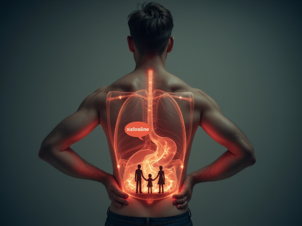 O ilustrație care arată cum un conflict familial neexprimat se transformă în dureri fizice, cu tensiunea emoțională vizibilă în interiorul corpului.