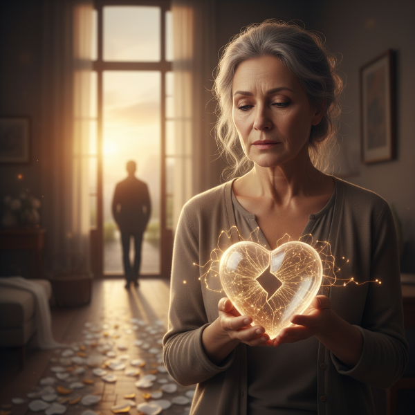 O imagine metaforică a vindecării emoționale, arătând vulnerabilitatea, trecutul care se îndepărtează și speranța unei noi căi.