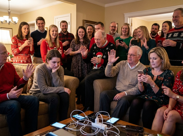 O persoană izolată emoțional în mijlocul unei reuniuni de familie zgomotoase, încercând să comunice o stare de epuizare interioară, în timp ce cei din jur minimizează sentimentele cu gesturi bine-intenționate dar neînțelegătoare.