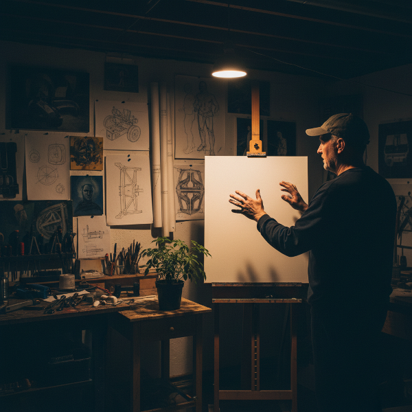 Un inginer în atelierul său improvizat, între lumea tehnică și cea creativă, încercând să depășească blocajul interior.