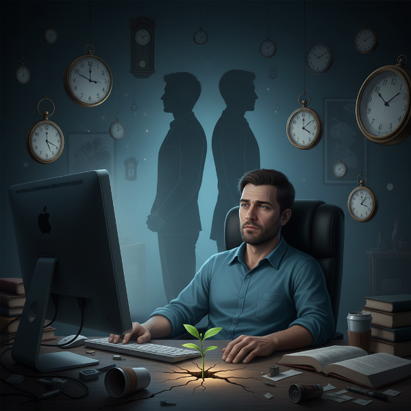 O imagine care ilustrează epuizarea și conflictul interior al unui inginer, cu elemente simbolice ale presiunii timpului și ale schimbării incipiente.