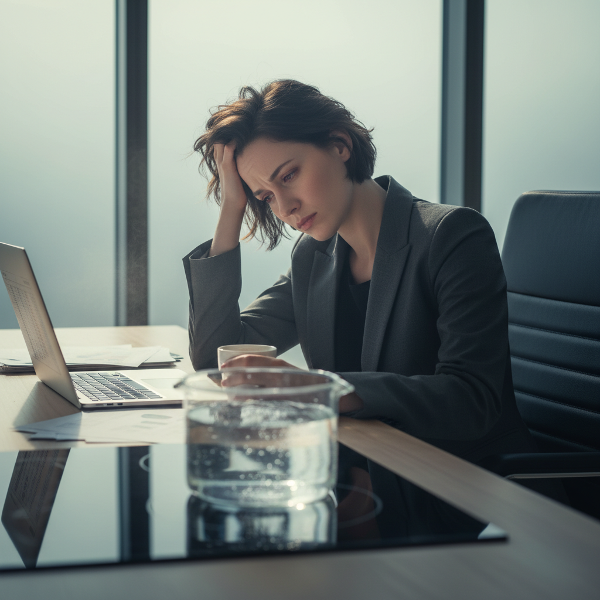 O femeie profesionistă epuizată într-un birou modern, cu o metaforă vizuală a unui ceaun cu apă care fierbe încet în fundal, reprezentând burnout-ul.