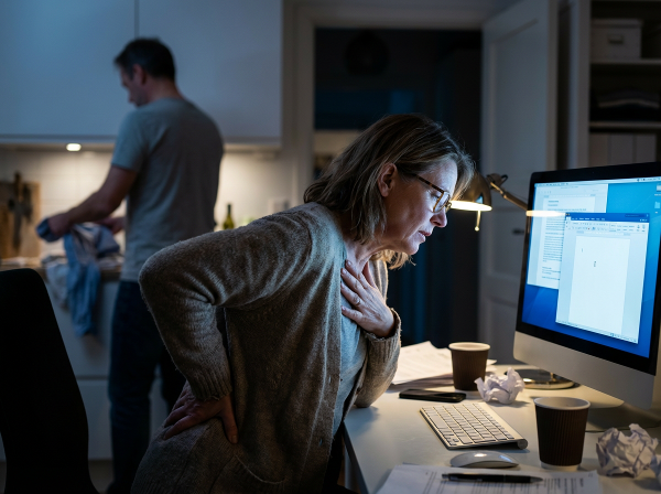 O psihologă epuizată, Elena, stă noaptea la birou cu un ecran gol, simțind dureri fizice. Soțul ei face treburi casnice în fundal, ilustrând tensiunea și dependența digitală într-un cerc vicios de stres.