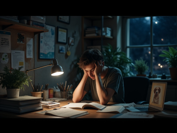 Un student epuizat, Alex, lucrează noaptea târziu la biroul său aglomerat, simbolizând stresul și căutarea echilibrului.