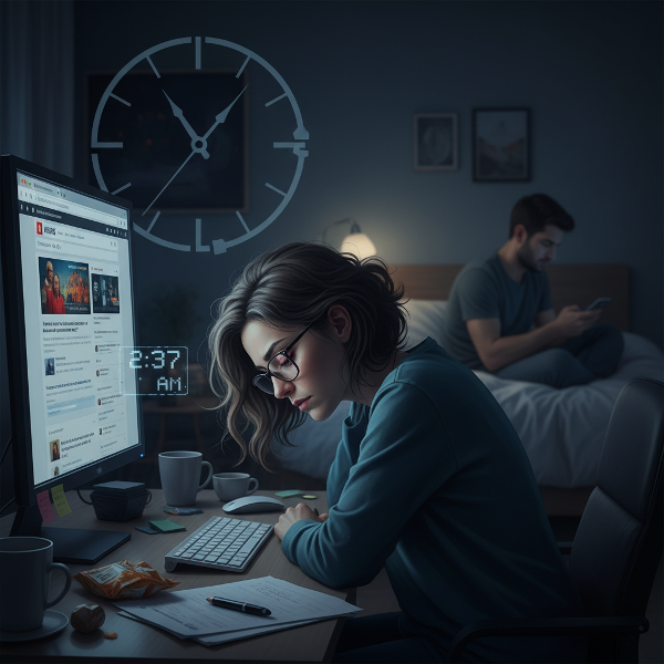 O terapeută epuizată navighează noaptea târziu pe internet, în timp ce viața personală și relațiile suferă în fundal.