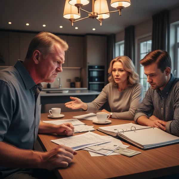 Un inginer în vârstă de 60 de ani, Vlad, simte furie intensă într-o discuție de familie despre finanțe. El stă la masa de dining, cu fața înroșită, ținând masa. Soția și fiul său adult arată îngrijorați, retrăgându-se. Atmosfera este tensionată.