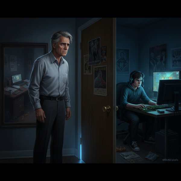 Un tată îngrijorat privește ușa închisă a fiului său adolescent, în timp ce în cameră băiatul este absorbit de ecranul unui joc online, reflectând tensiunea familială și absența părintelui.