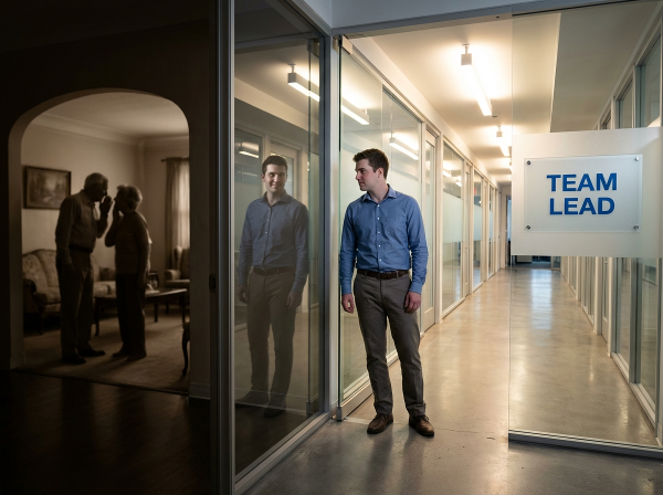 Un bărbat ezită să urmeze o cale luminată către succes, privind înapoi spre umbrele convingerilor limitative din copilărie.