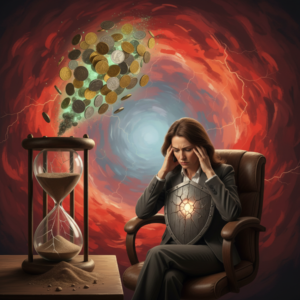 O imagine care ilustrează un psihoterapeut feminin înconjurat de simboluri ale stresului financiar și emoțional, cu o expresie de epuizare și iritabilitate, dar și cu o scânteie de înțelegere interioară.