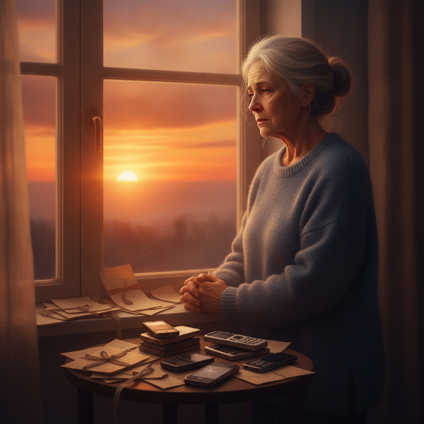 O femeie în vârstă stă tristă lângă o fereastră, cu telefoane și scrisori nearse în jur, reflectând distanța emoțională față de cei dragi.