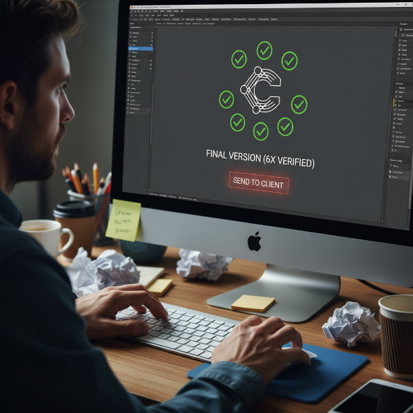 Designerul Alex verifică un logo pentru a șasea oară în fața unui ecran, cuprins de anxietate și frică de a nu fi suficient de bun.
