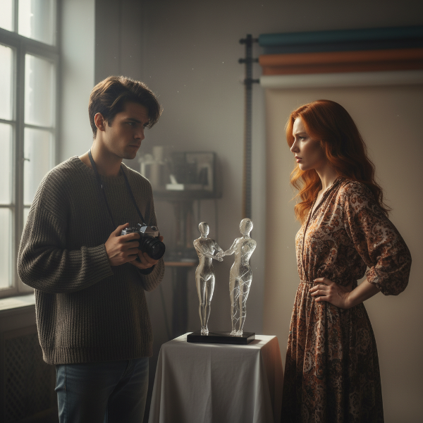 Un tânăr introvertit și o fată extrovertită într-un studio de fotografie, ilustrând tensiunea și conexiunea fragilă dintre ei.