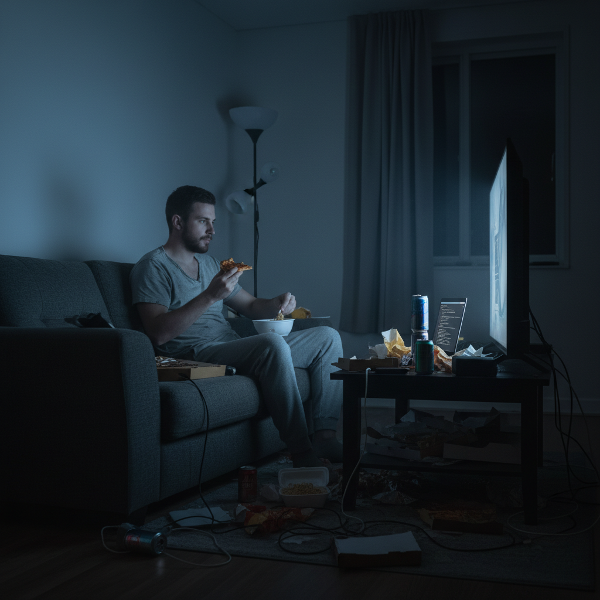 Un programator singur acasă, mâncând și uitându-se la televizor, înconjurat de ambalaje goale, într-o atmosferă întunecată și izolată.